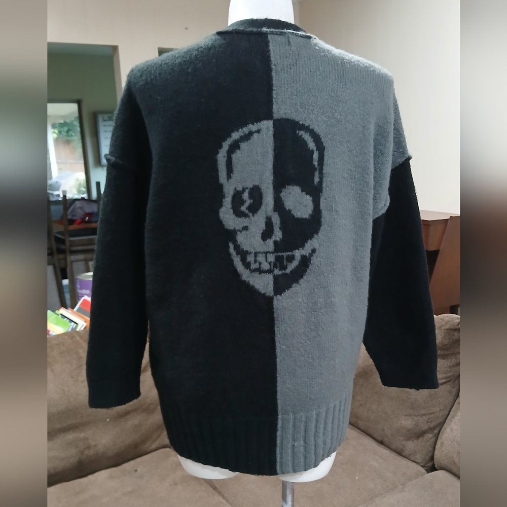 Color Block Skull Grunge Cardigan Long Sleeve Front Button Down Goth Oversized - Picture 1 of 12
